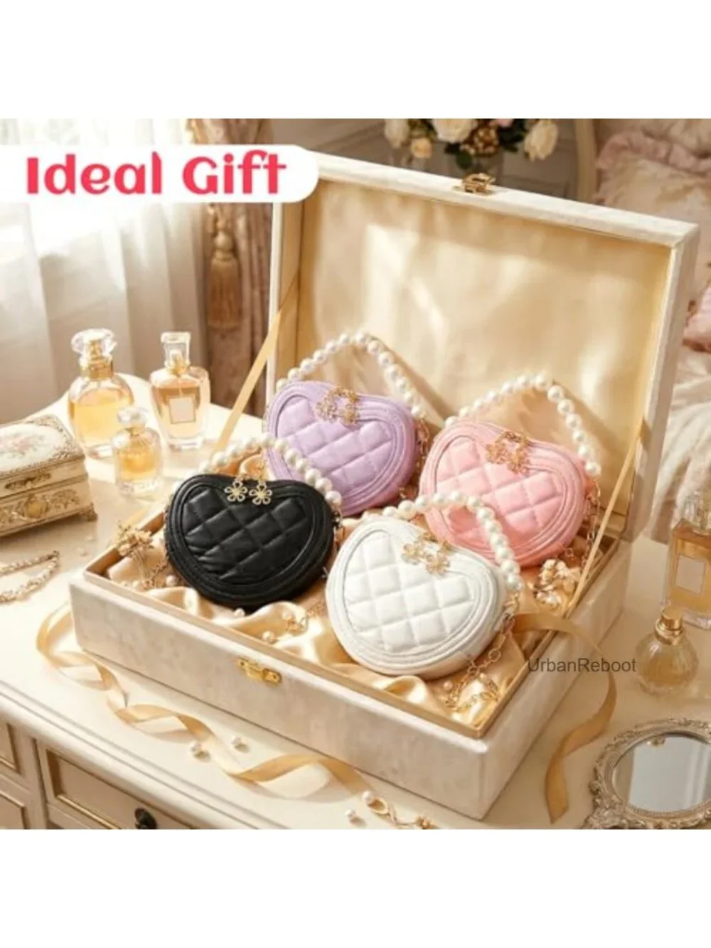 4 PCS Little Girl Heart Shaped Crossbody Bag PU Pearl Handle Princess Handbag